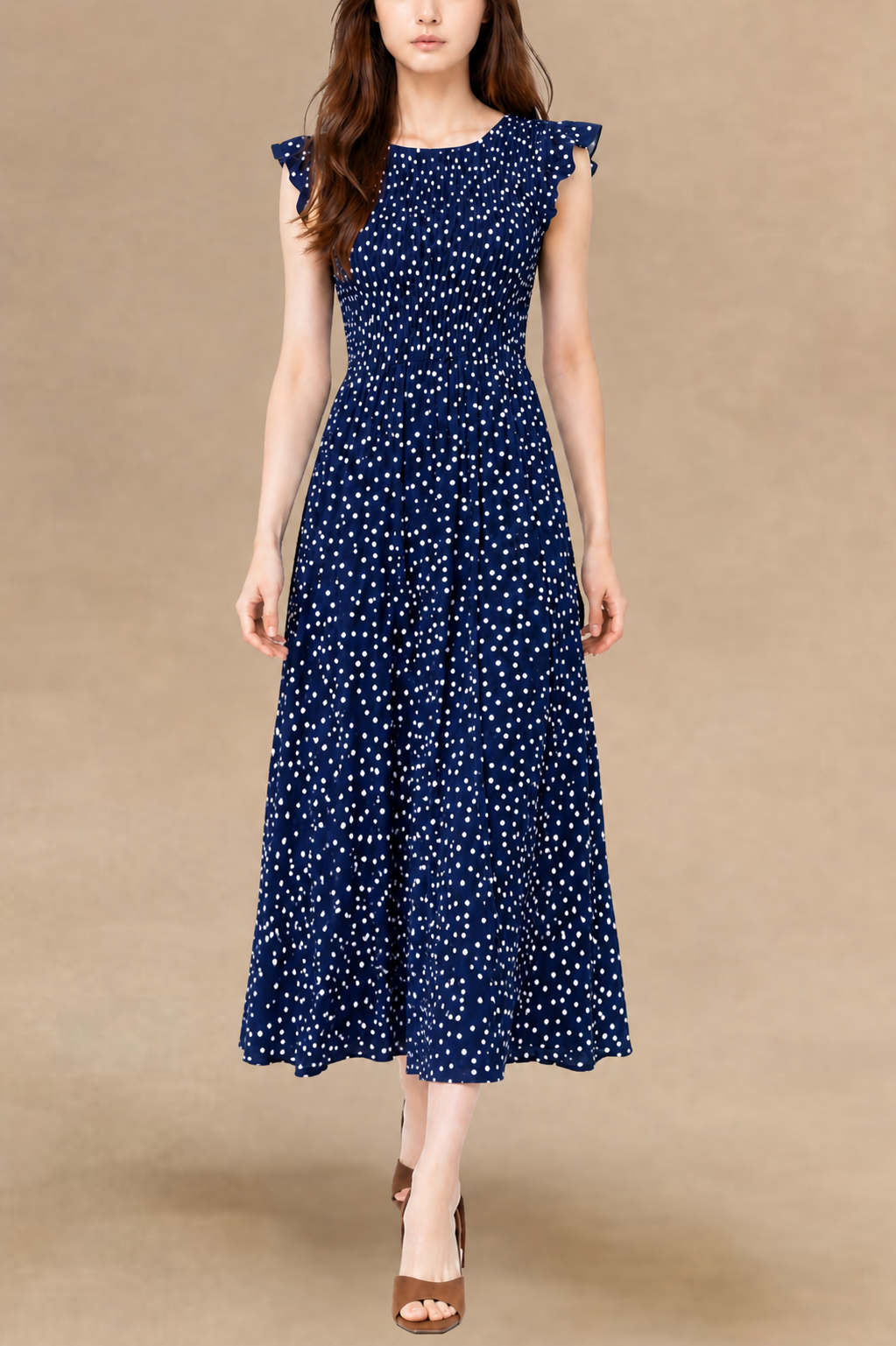 Dominique Polka Dot Cap Sleeve Midi Dress