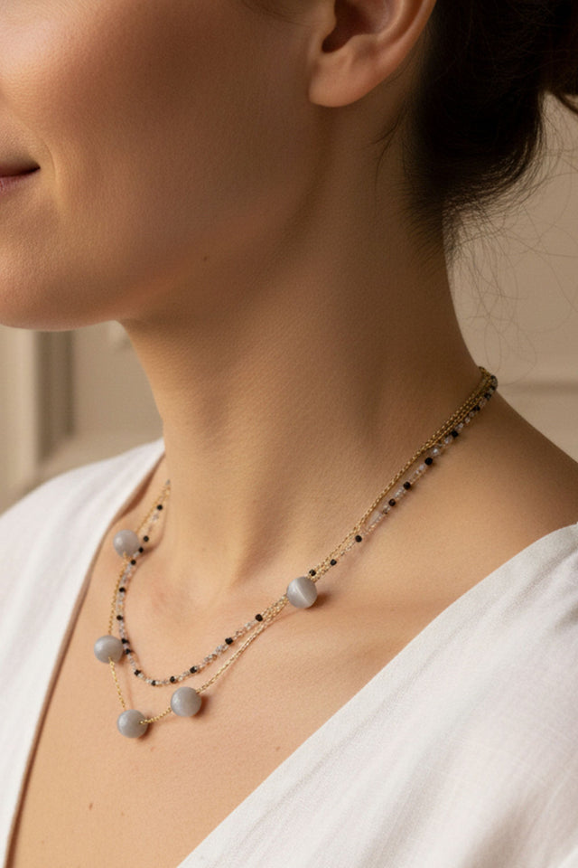 Double Chain Necklace Grey Stone Beads
