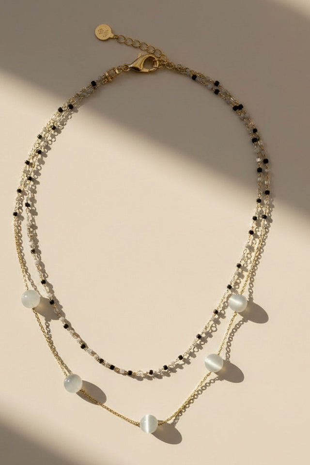 Double Chain Necklace Grey Stone Beads