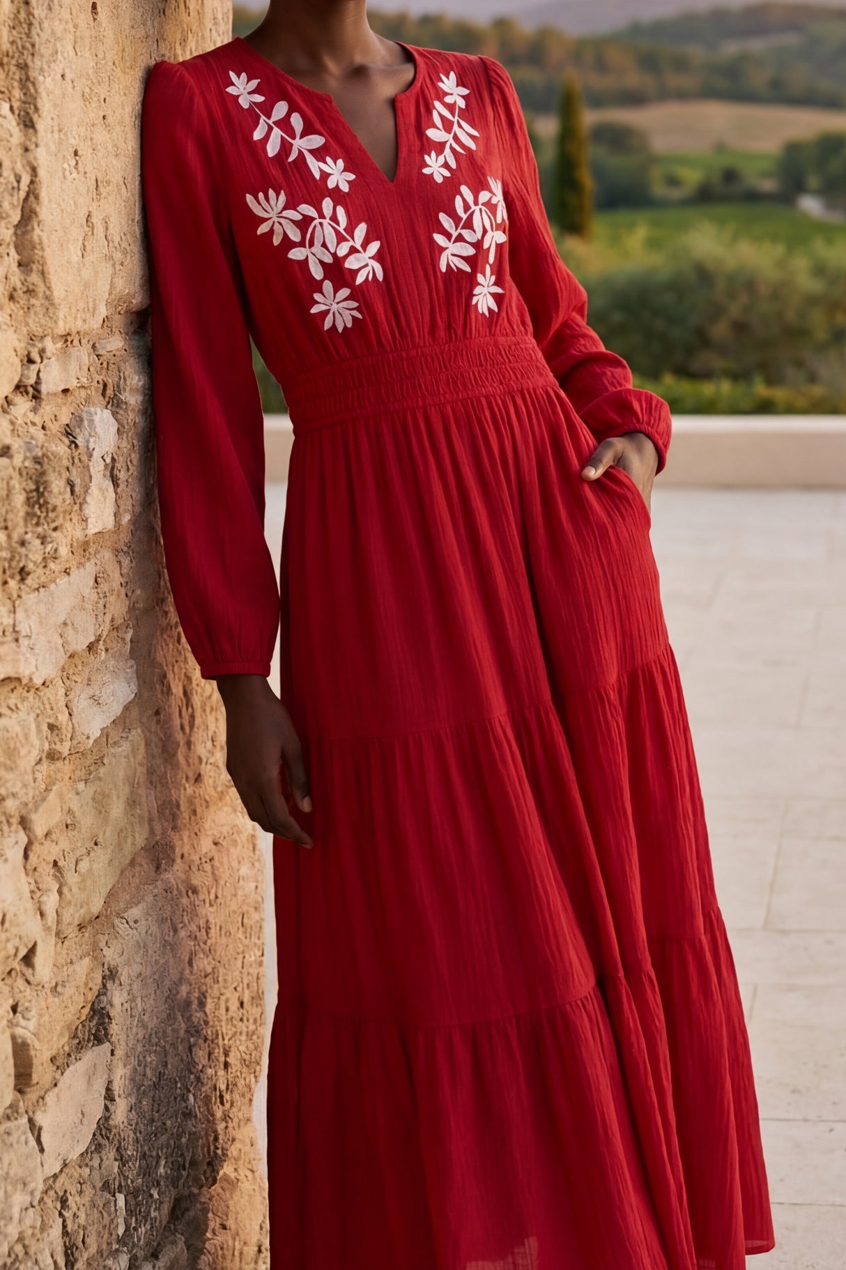 Drew Contrast Embroidered Detail Maxi Dress