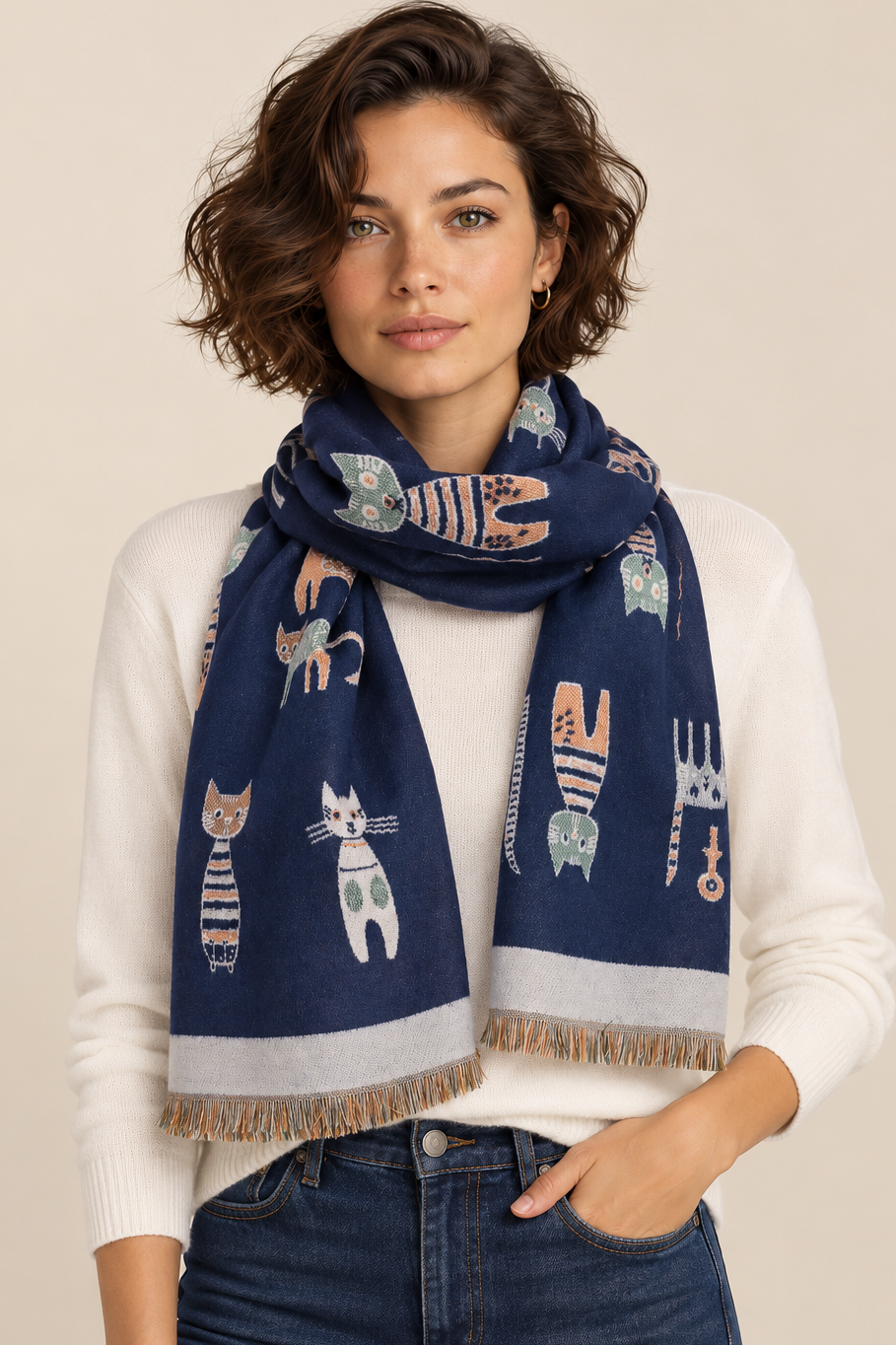 Scarf Cat Motif Border Trim