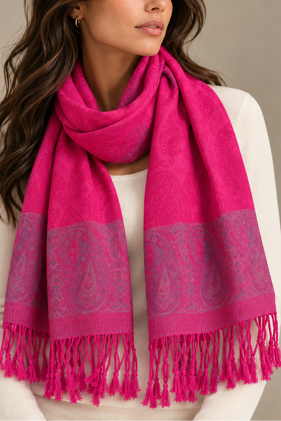 Pashmina Scarf Jacquard Paisley Bright Fuchsia