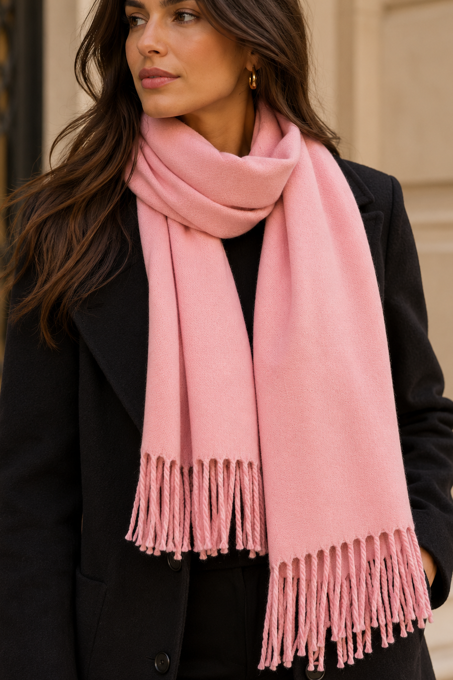 Foulard rose poudré à franges