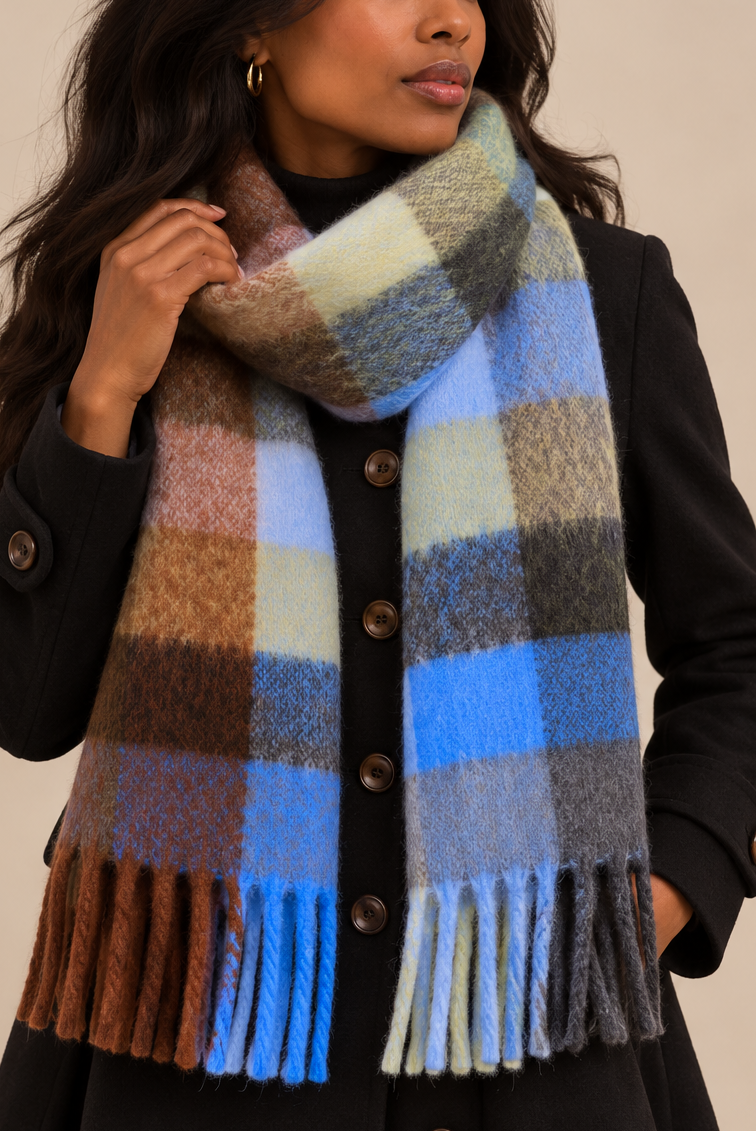 Blue & Camel Plaid Fringe Scarf