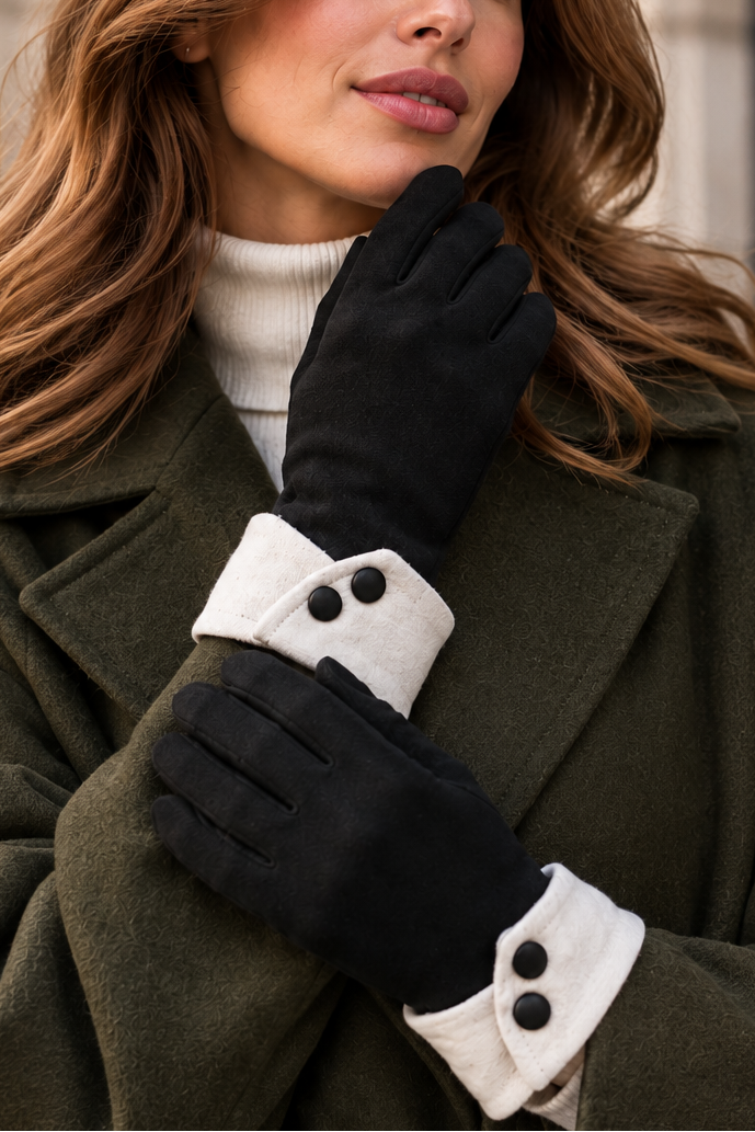 A woman wearing black leather gloves with cream buttoned cuffs, styled over a white turtleneck and olive green coat.
