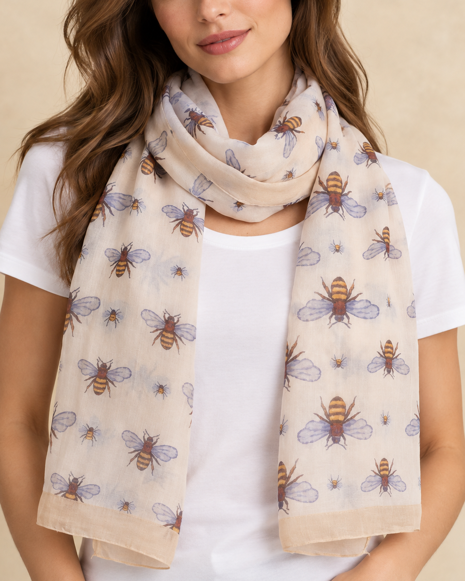 Bee Print Lightweight Scarf Beige