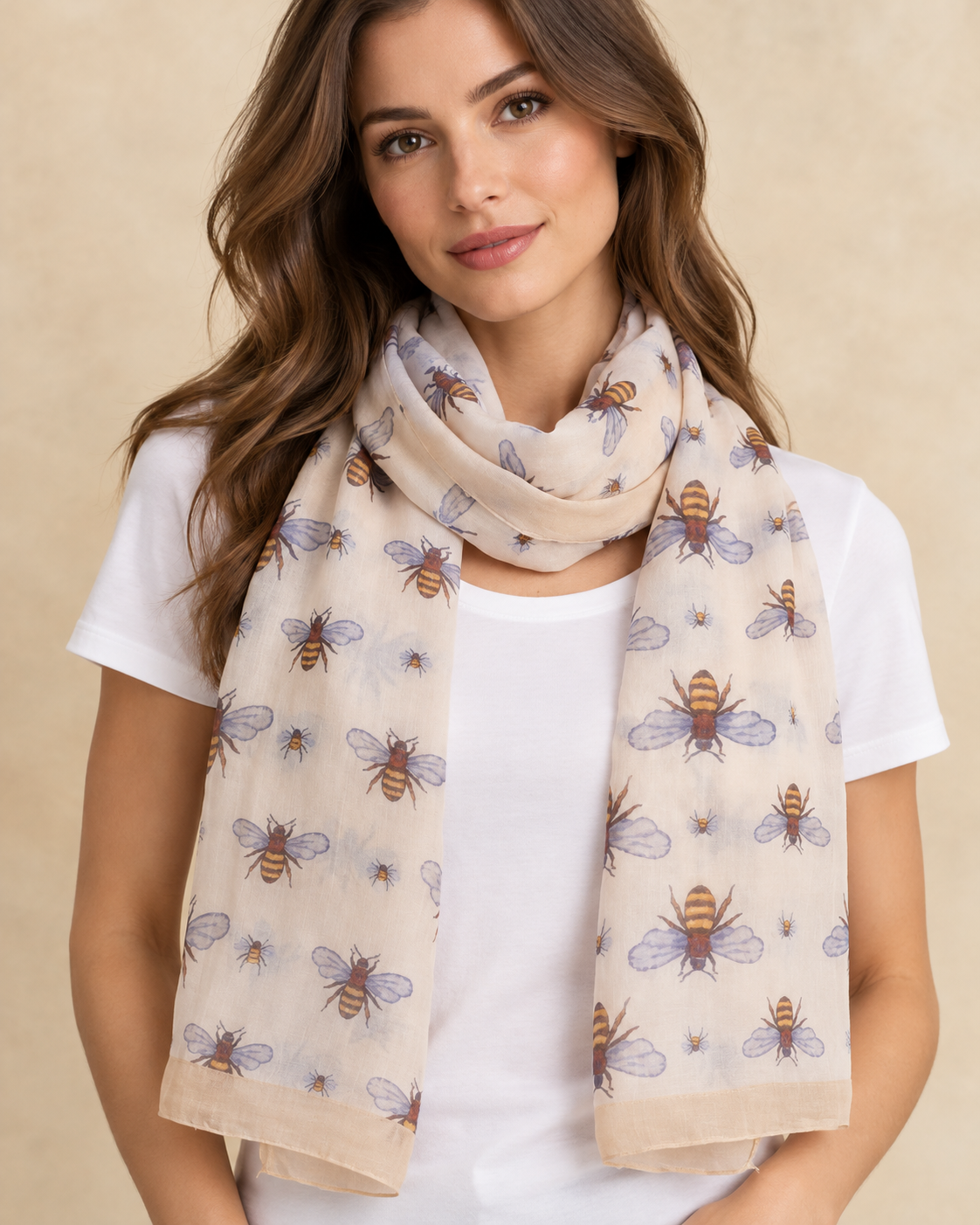 Bee Print Lightweight Scarf Beige