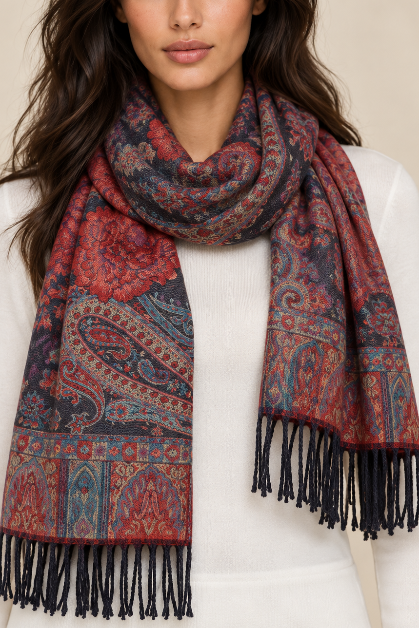 Scarf Paisley Motif Black Fringed
