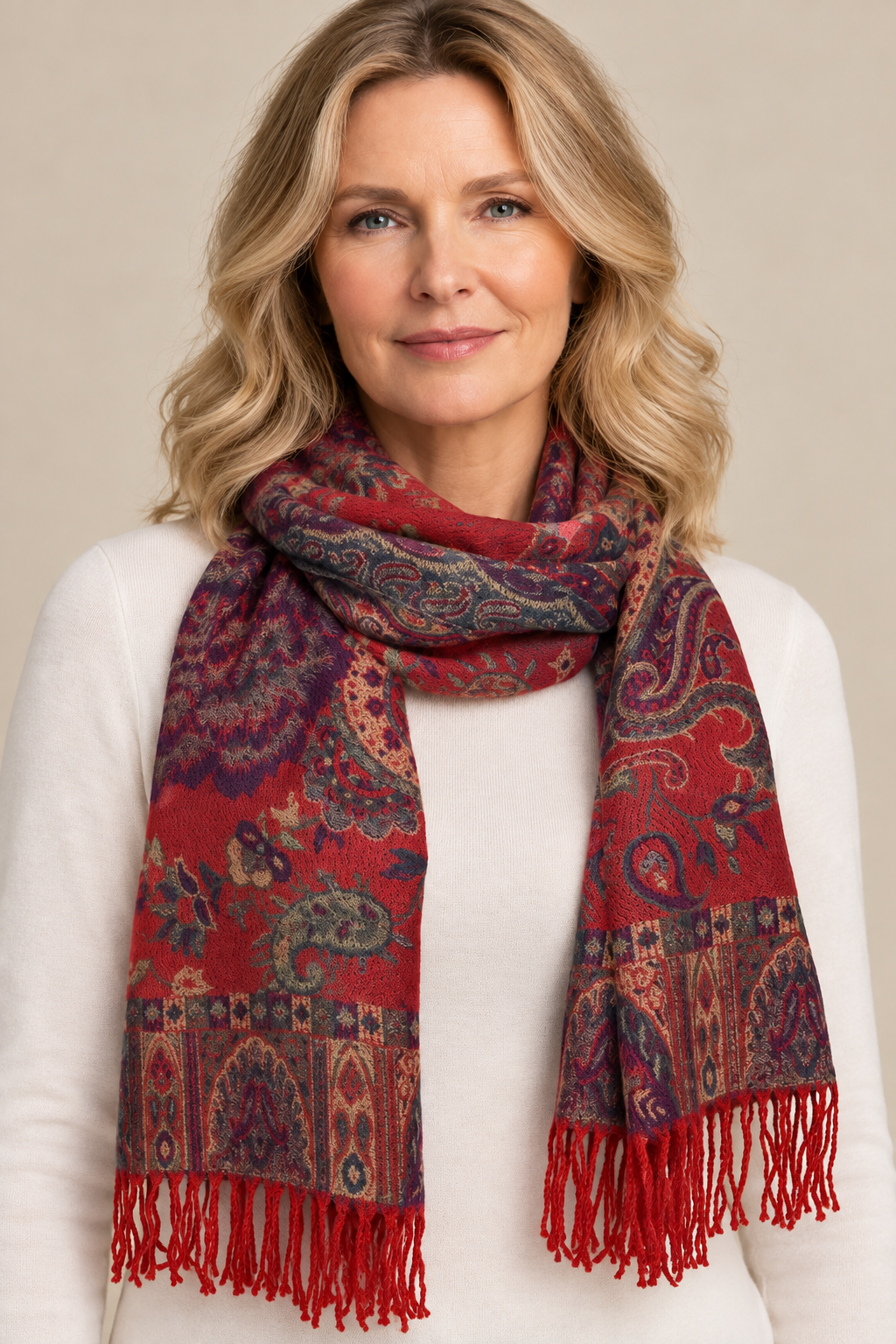 Scarf Paisley Floral Motif Red Fringed