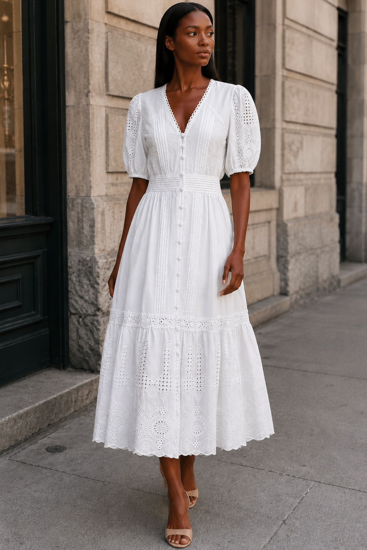 Elena Robe Midi Blanche À œillet Manches Courtes Style Estival Boutons Devant