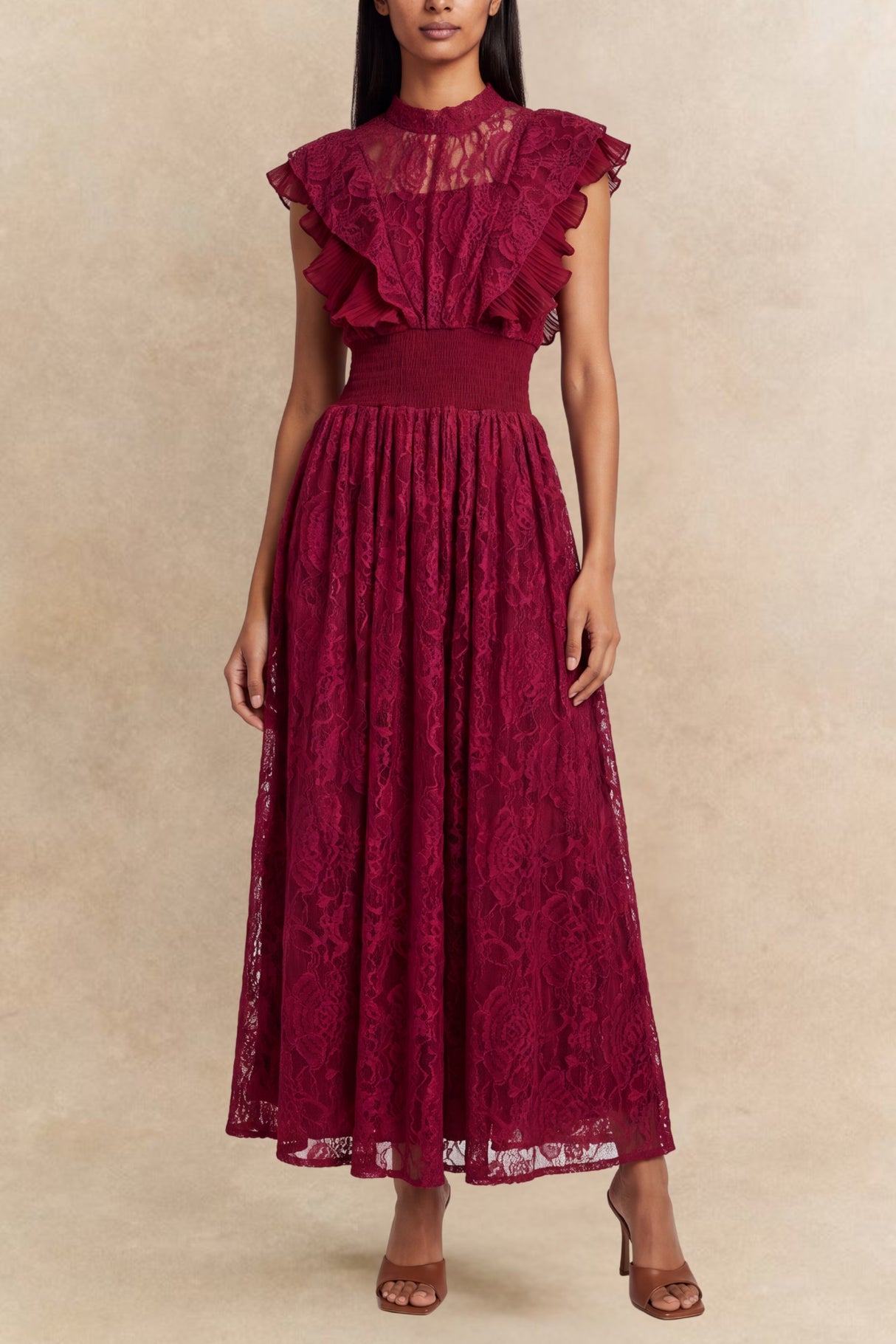 Elisabeth Robe Longue Dentelle Col Montant