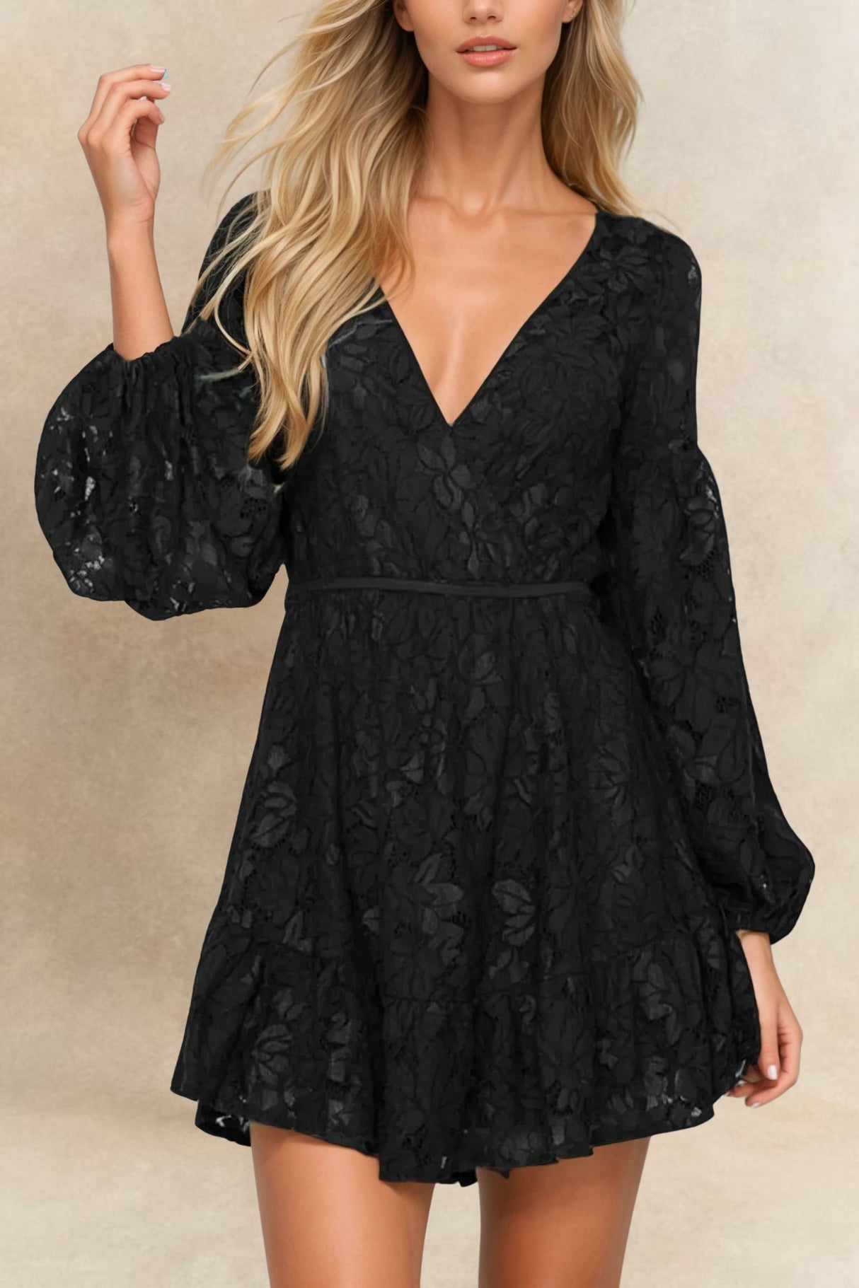 Eliza Lace V-Neck Long Sleeve Mini Dress