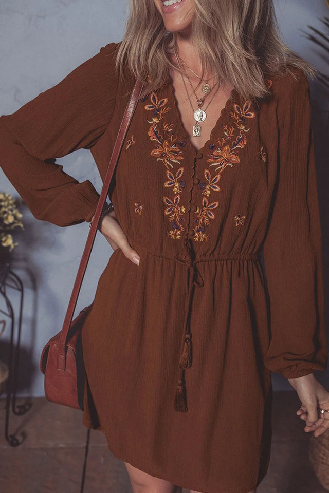 Bella Floral Embroidered Long Sleeve Mini Dress