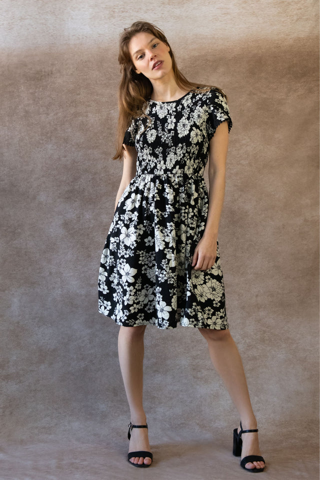 Eloise Robe Courte Fleurie Nid d'Abeille Poches