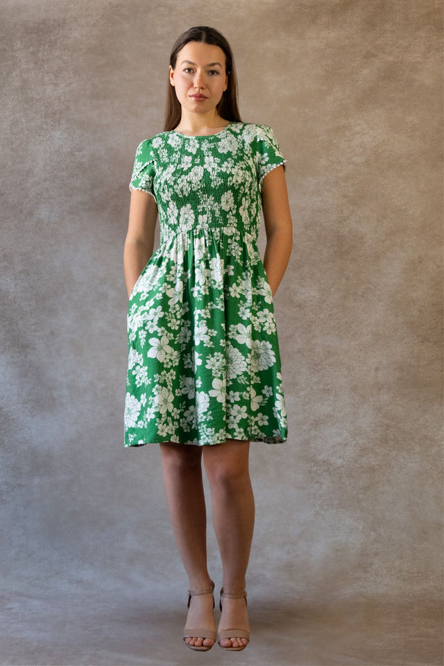 Eloise Robe Courte Fleurie Nid d'Abeille Poches