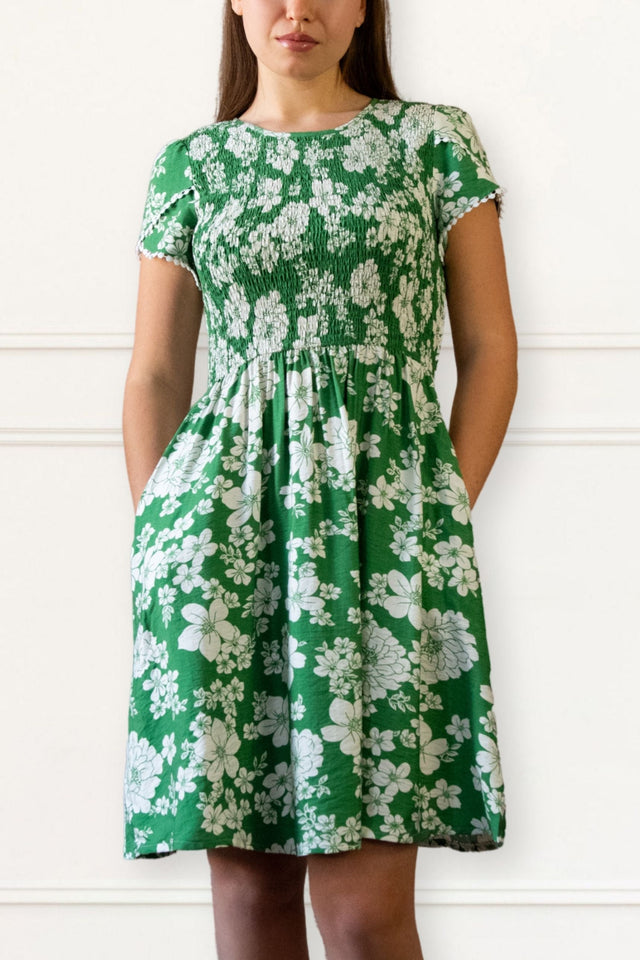 Eloise Robe Courte Fleurie Nid d'Abeille Poches