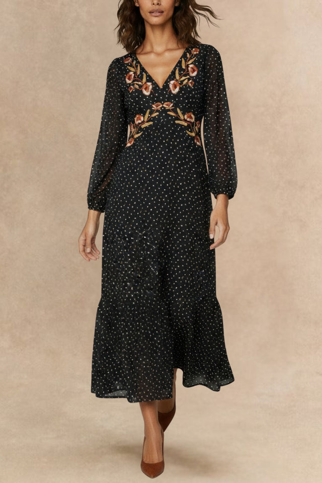 Jessica Embroidered V-Neck Long Sleeve Dress