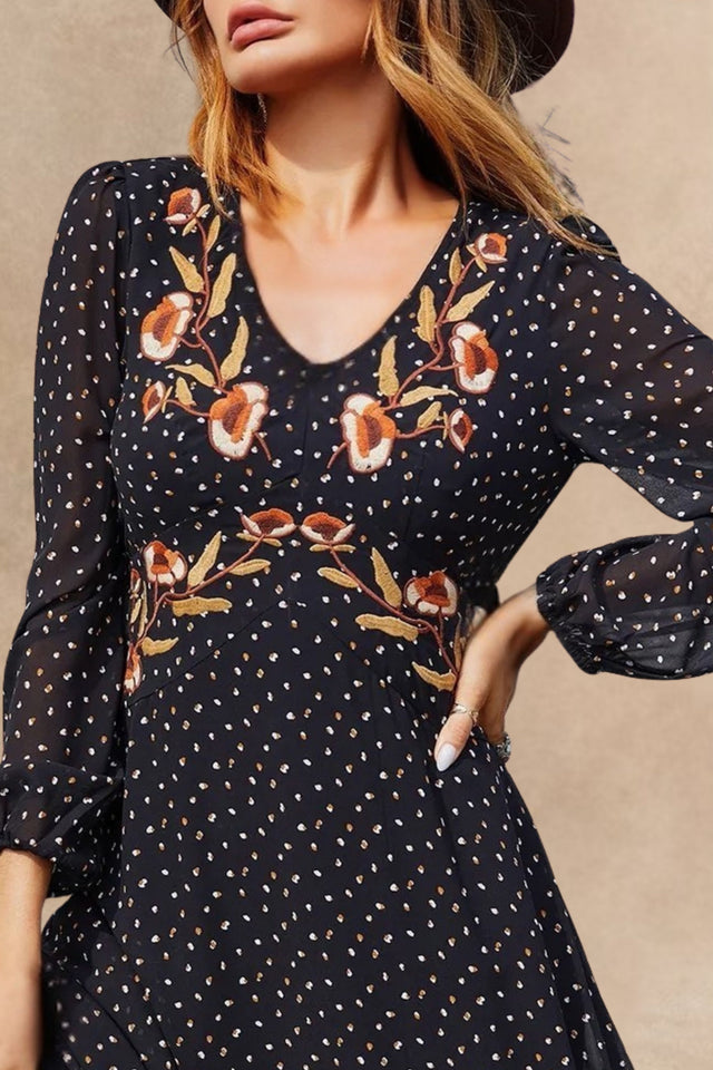 Jessica Embroidered V-Neck Long Sleeve Dress