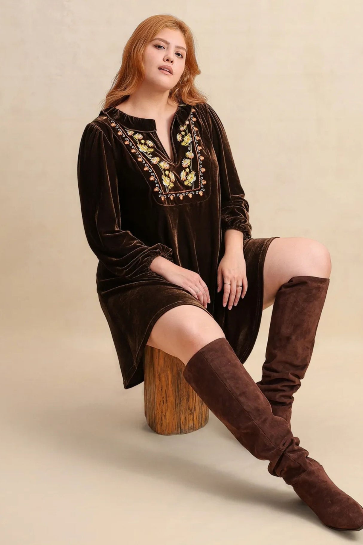 Emilie Plus Size Embroidered Notched Balloon Sleeve Mini Dress