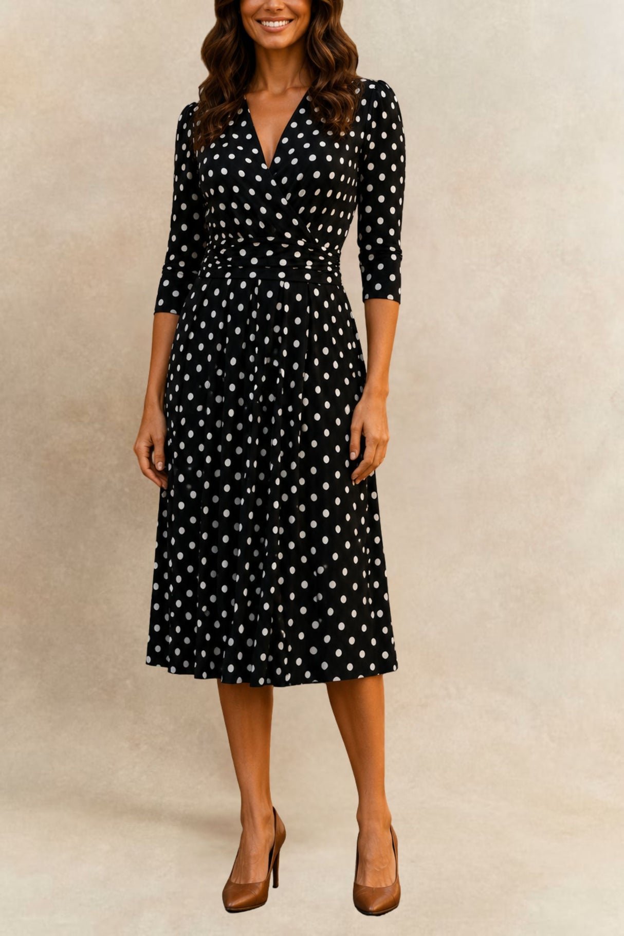 Evelyn Polka Dot Stretch Wrap Midi Dress