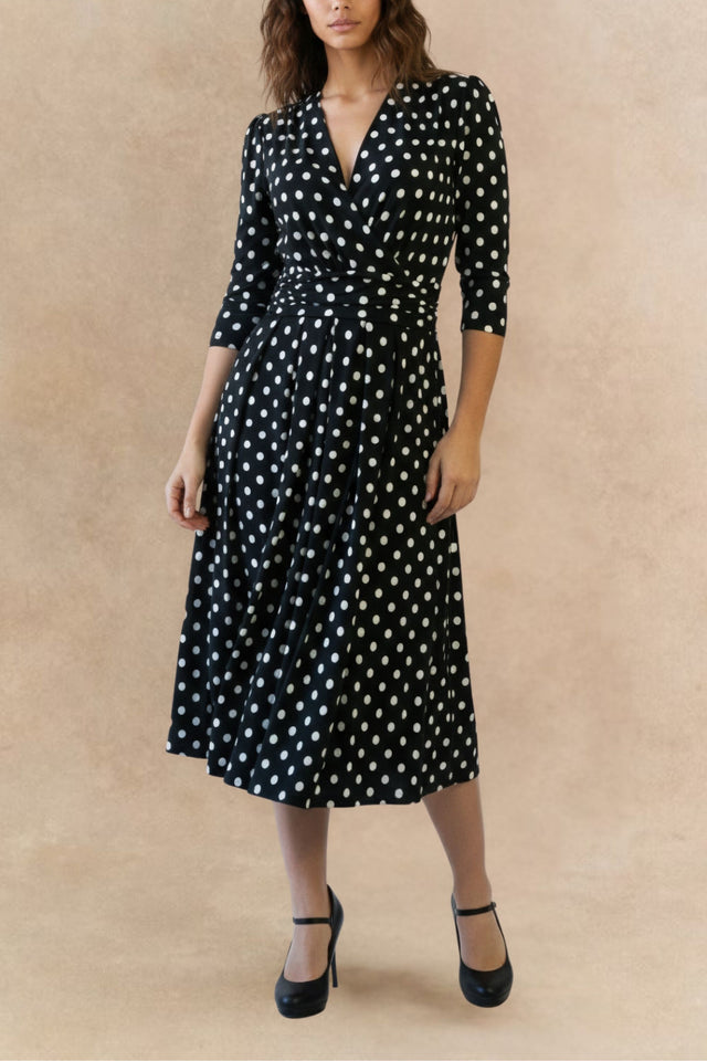 Evelyn Polka Dot Stretch Wrap Midi Dress