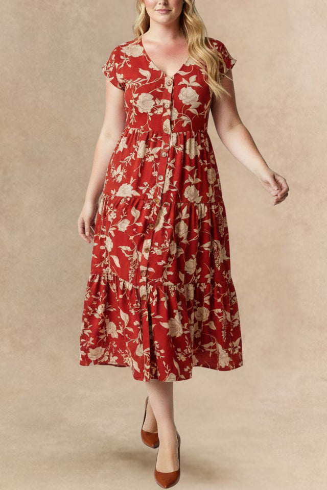 Floral Print Buttoned Front V Neck Tiered Short Sleeve Midi Dress
