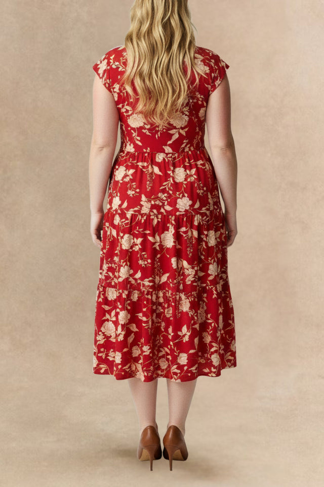 Floral Print Buttoned Front V Neck Tiered Short Sleeve Midi Dress