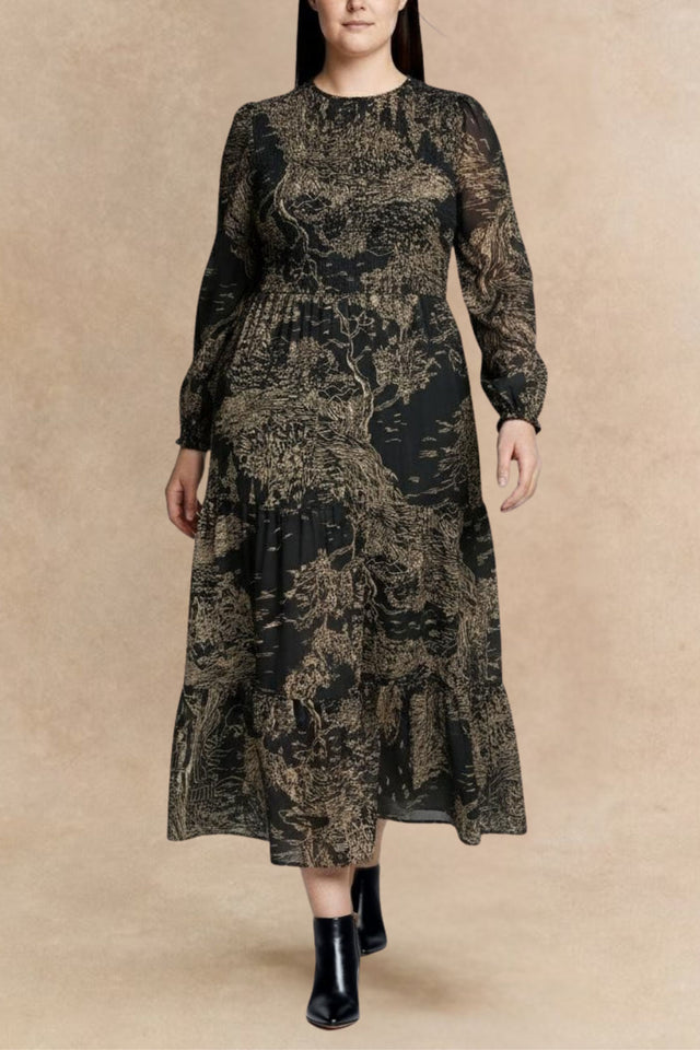 Francesca Robe Midi Noire À Smocks Imprimé Forêt Bronze