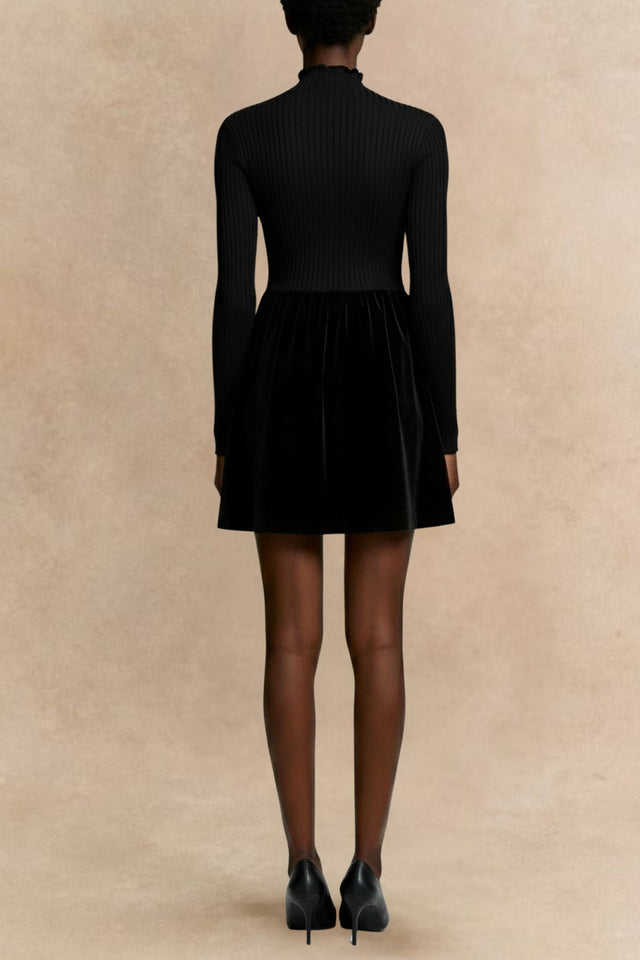 Frilled Neck Ribbed Knit Patchwork Long Sleeve Mini Dress