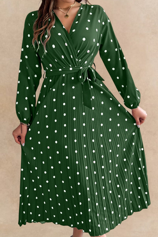 Lydia Robe Midi Plissée à Pois Nouer Devant