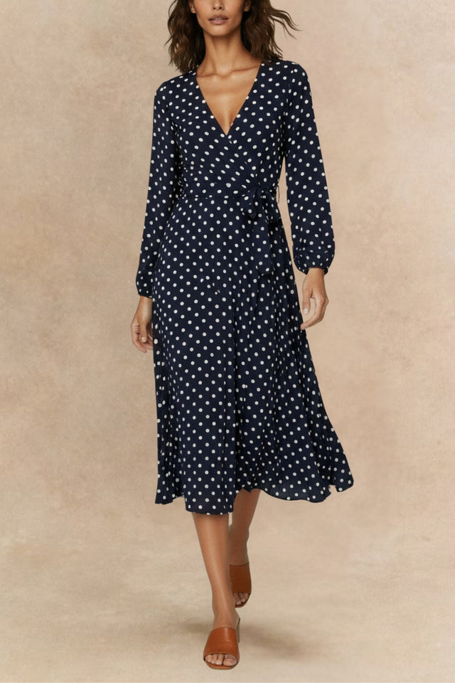 Lydia Robe Midi Plissée à Pois Nouer Devant