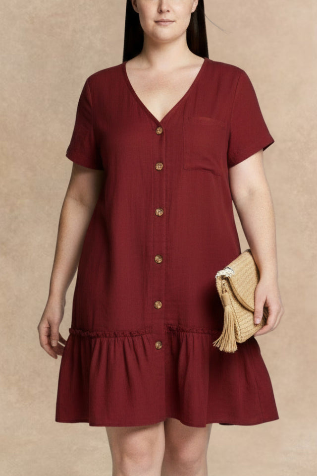 Monique Full Size Button-Front Short Sleeve Tiered Dress Plus Size