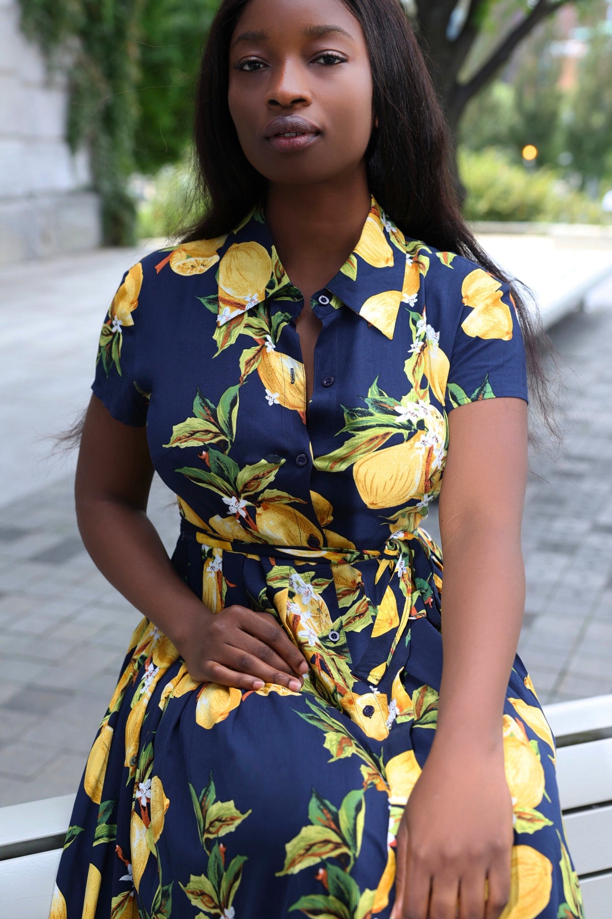 Galia Robe Chemise Mi-Longue Citron Ceinture