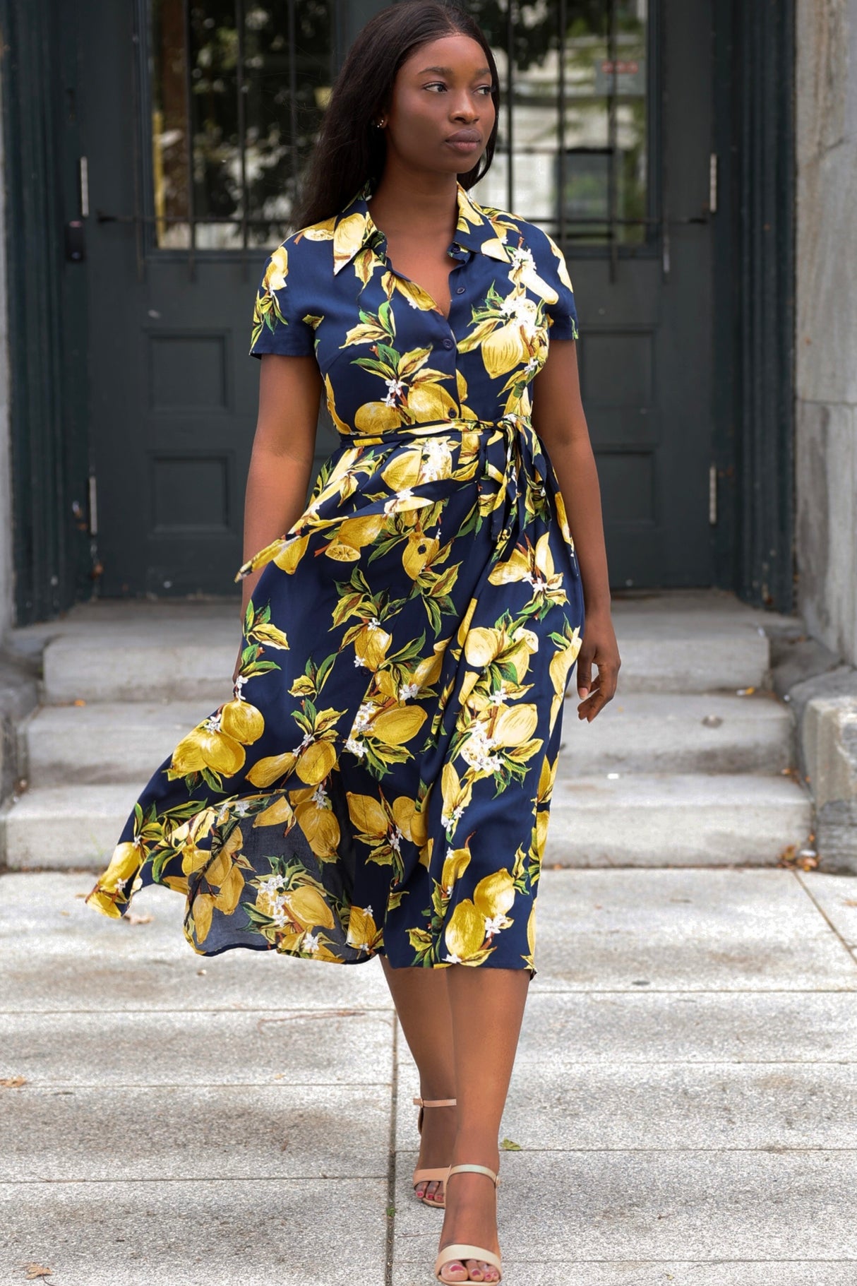 Galia Robe Chemise Mi-Longue Citron Ceinture