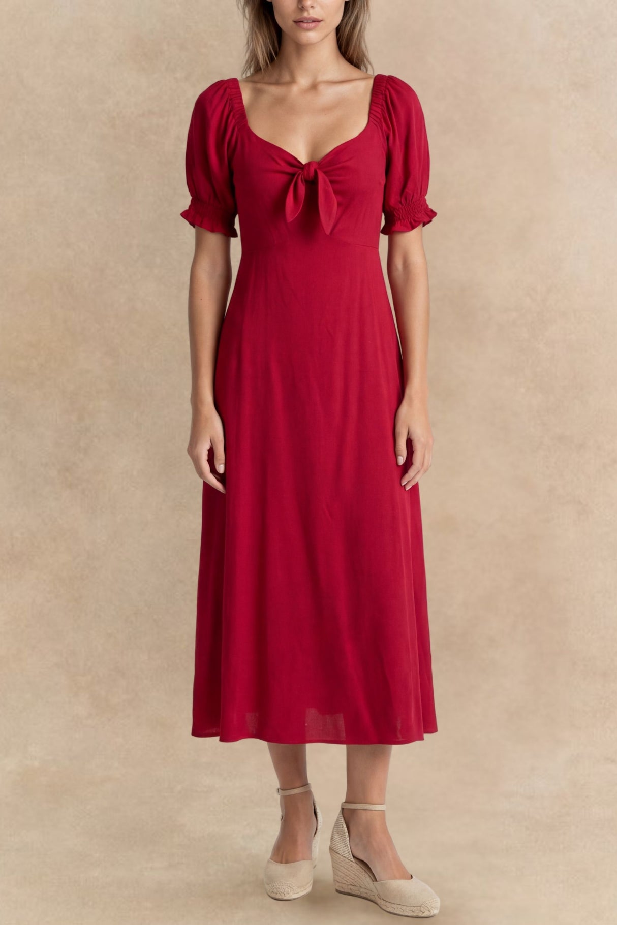 Geneviève robe midi manches courtes nouée à l’avant