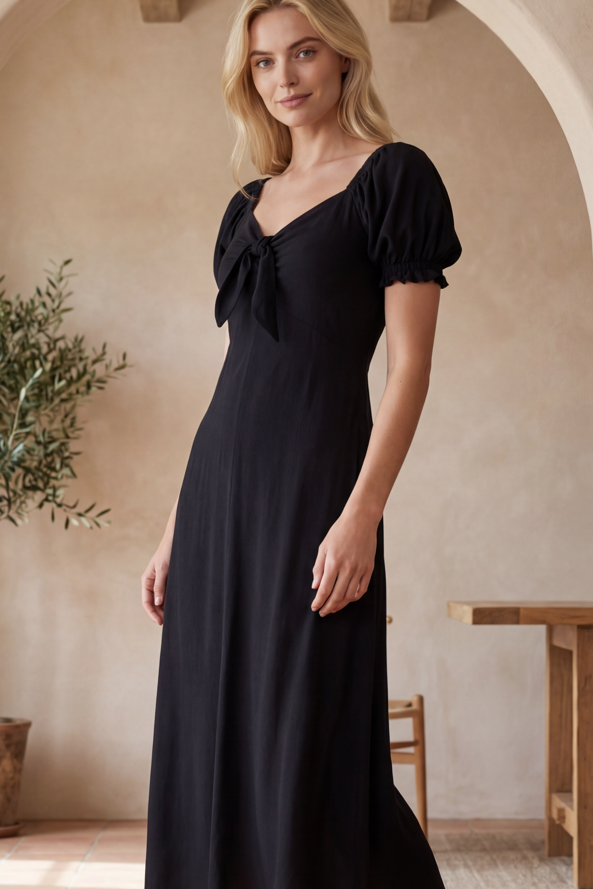 Geneviève robe midi manches courtes nouée à l’avant