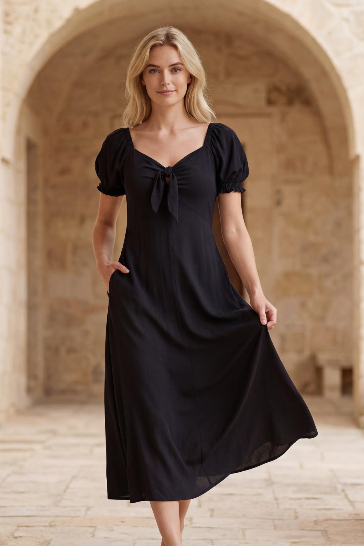 Geneviève robe midi manches courtes nouée à l’avant