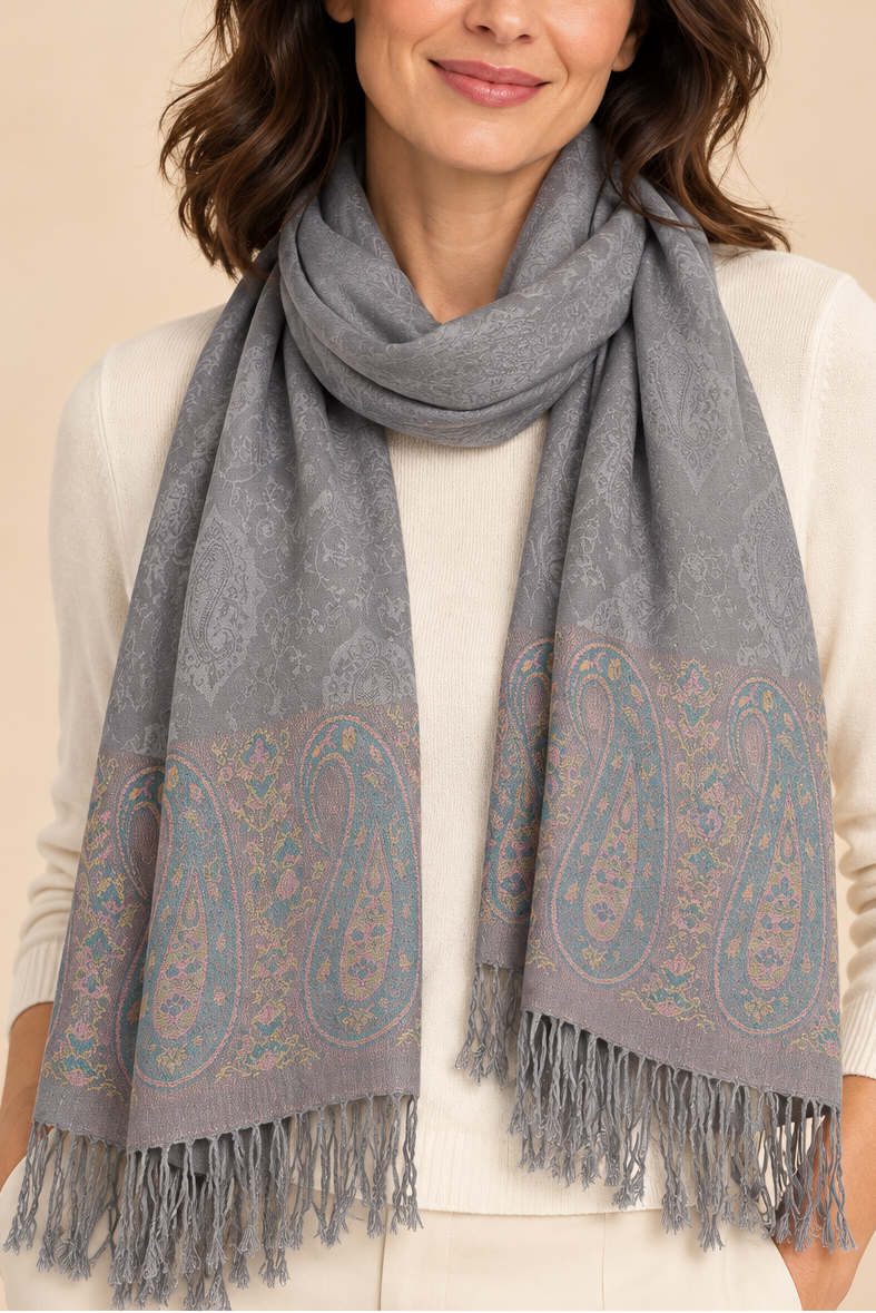 Foulard pashmina jacquard à motifs cachemire gris