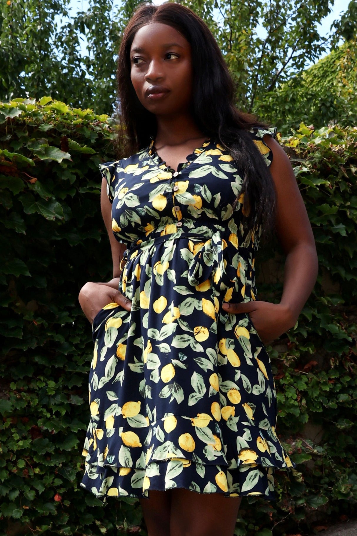 Natasha Robe Courte Imprimé Citrons Poches & Ourlet Froncé