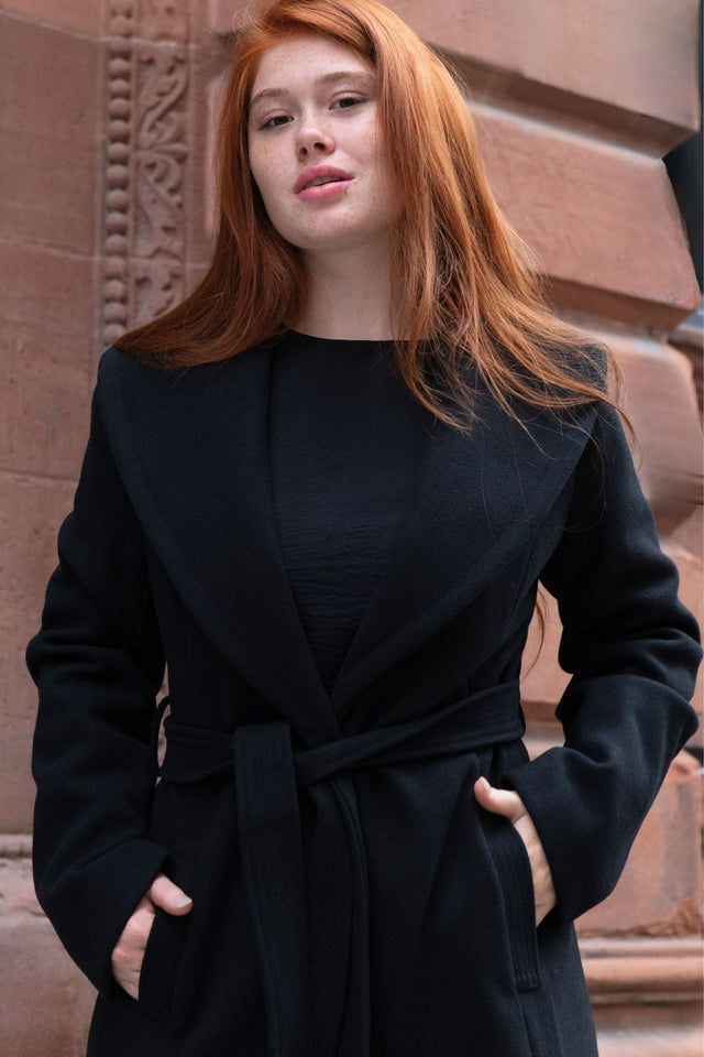 Hazel Coat Round Collar Belted Pockets - Onze Montreal Black / XS Annick