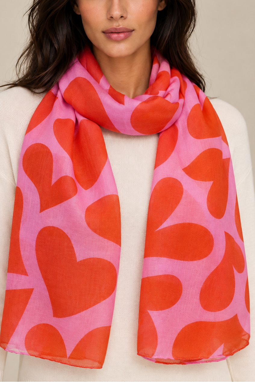 Bold Heart Print Scarf – Pink & Red