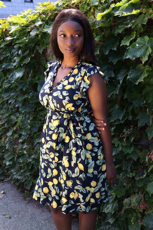 Natasha Robe Courte Imprimé Citrons Poches & Ourlet Froncé