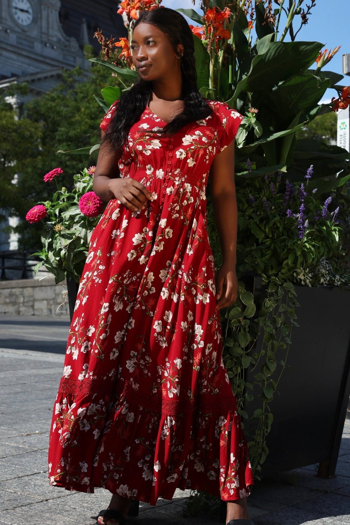 Garance Robe Midi Florale Boutonnée Manches Courtes