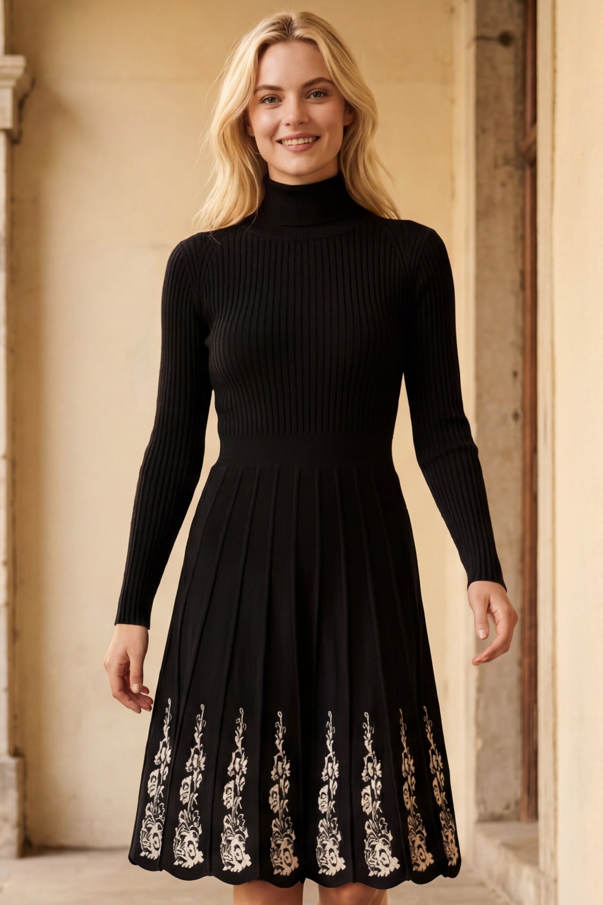 Jeanne Turtleneck Black Dress Floral