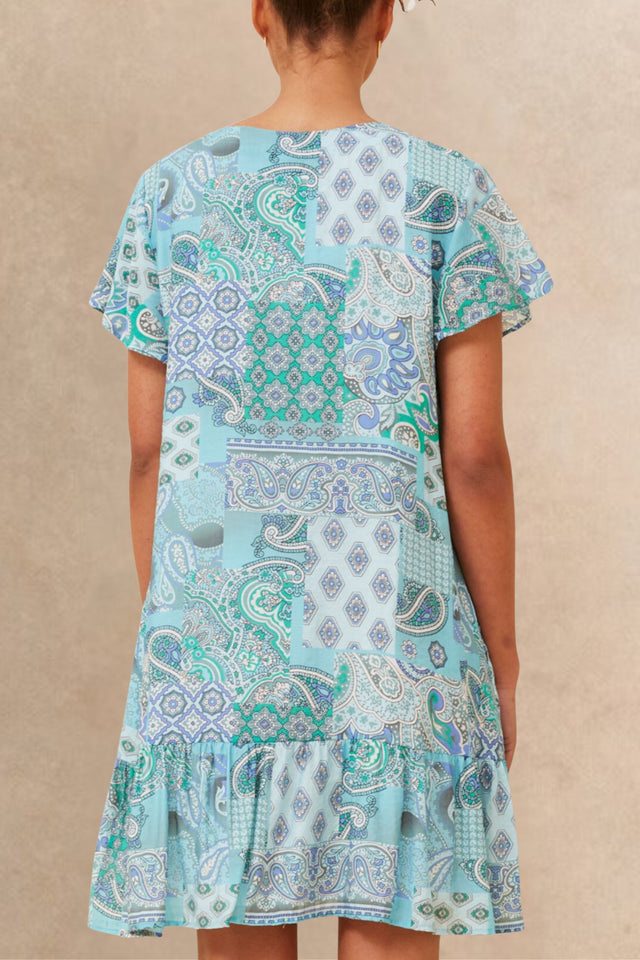 Sabine Boho Paisley Mini Dress - V-Neck, Button Down, Short Sleeve