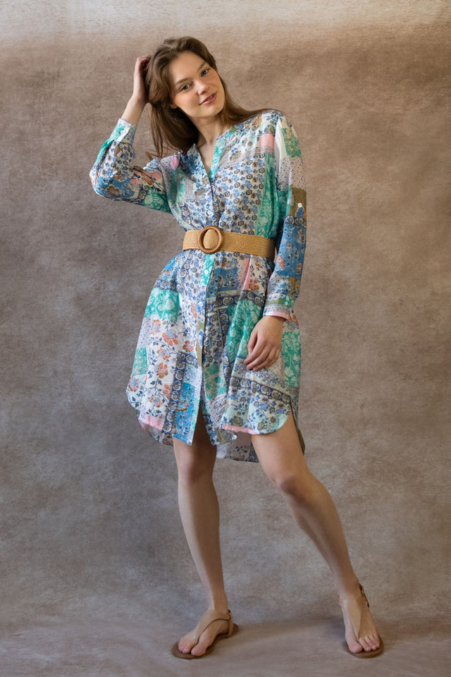 Lara Robe Tunique Bohème Imprimé Patchwork Manches Longues