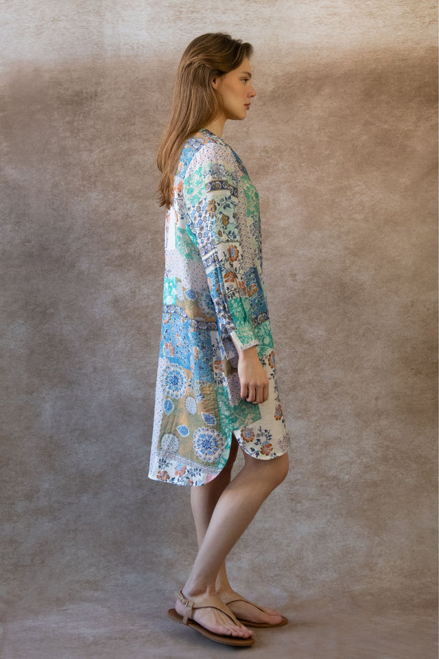 Lara Robe Tunique Bohème Imprimé Patchwork Manches Longues