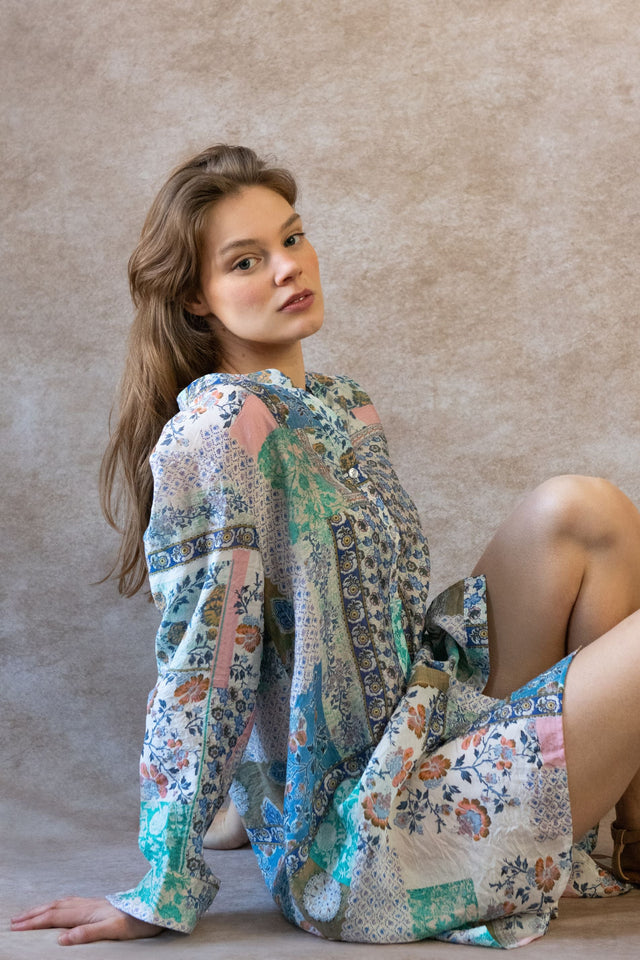 Lara Robe Tunique Bohème Imprimé Patchwork Manches Longues