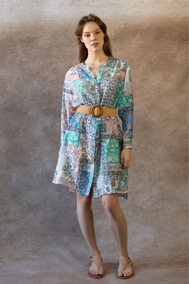 Lara Robe Tunique Bohème Imprimé Patchwork Manches Longues
