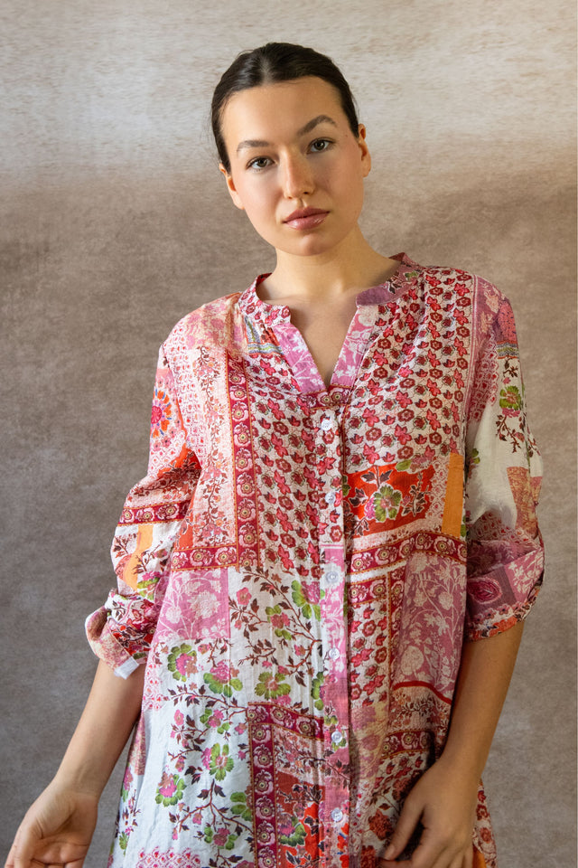 Lara Robe Tunique Bohème Imprimé Patchwork Manches Longues
